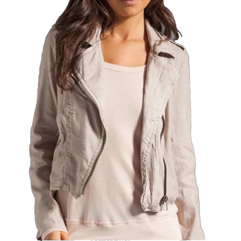 FREE PEOPLE Linen Neutral Blush Pink Cropped Moto Jacket SZ 4 - Picture 6 of 10
